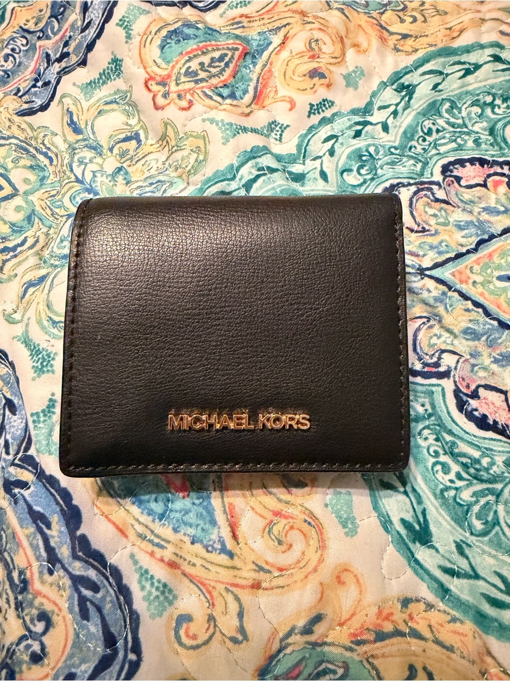 Michael Kors Black Leather Compact Wallet with Gold Logo